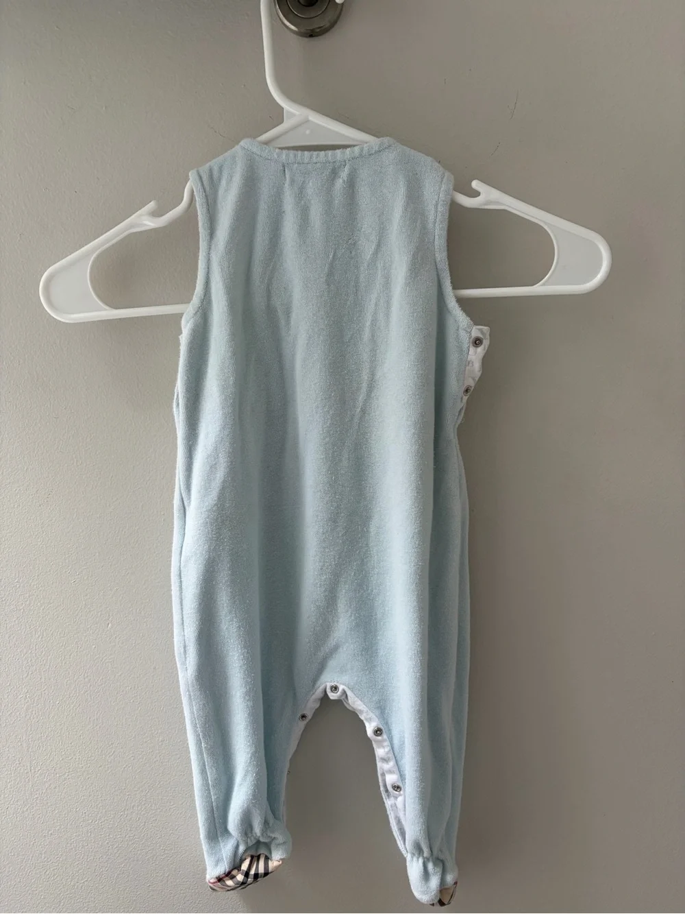 Designer Burberry Baby Blue Footed Romper 9 months classic plaid